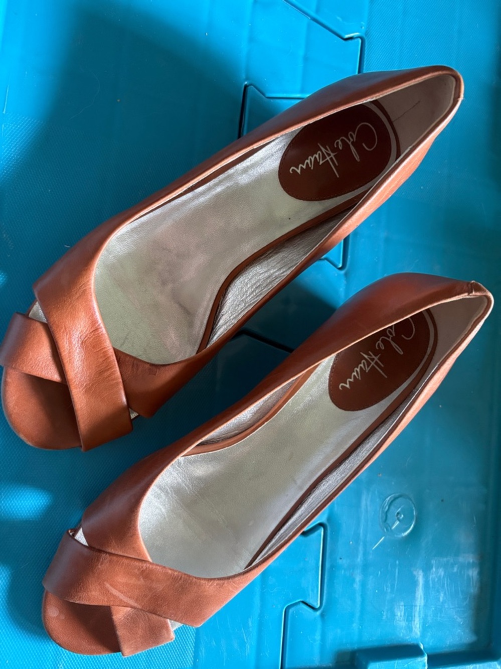Cole Hann brown open toed low wedges size 8
